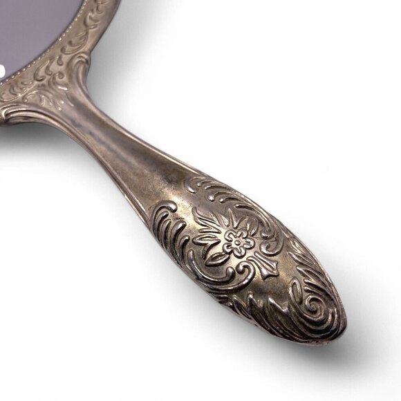 Antique Ornate Silver Handheld Vanity Mirror With Floral Engraving Etched Handle - Picture 4 of 11